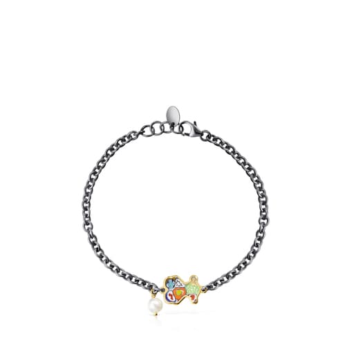 Minifiore bear Bracelet in Silver Vermeil, Dark Silver, Pearl and Murano Glass
