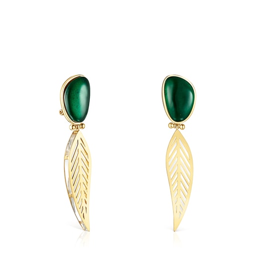 Long Silver Vermeil Fragile Nature Earrings with green Glass