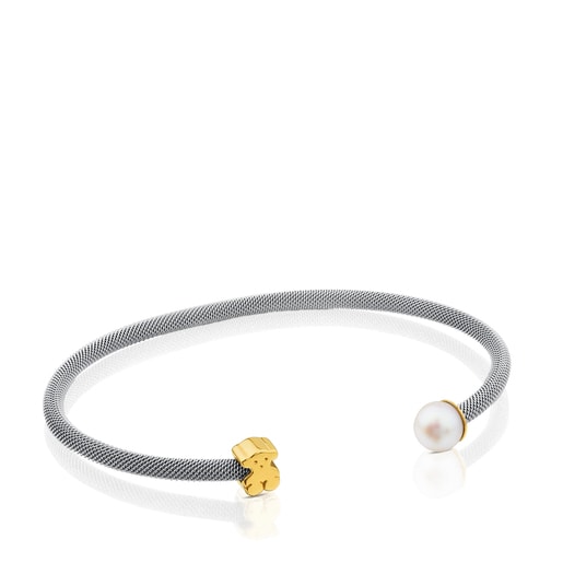 Pulsera de acero y oro con perla cultivada motivo oso  Icon Mesh