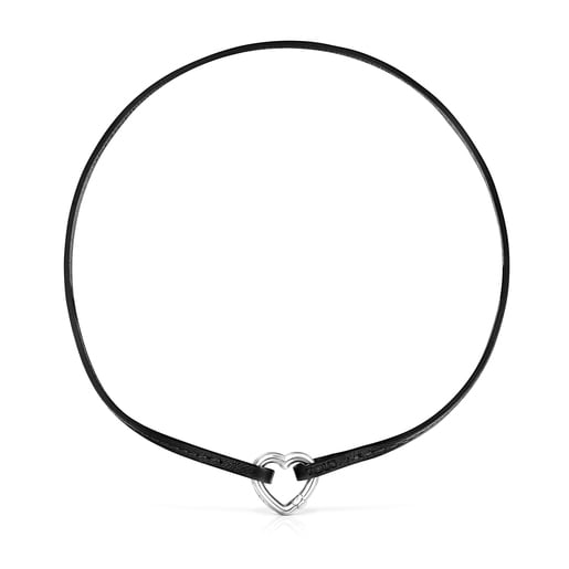 Collar corazón de plata y cuero negro Hold