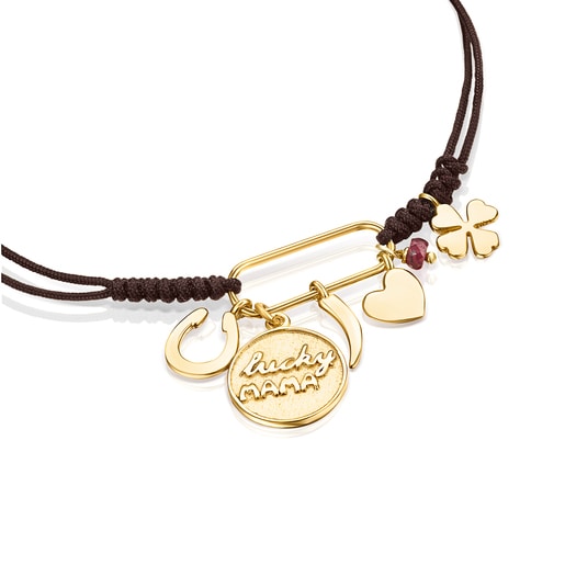Silver Vermeil TOUS Good Vibes Mama Bracelet with Ruby and brown Cord