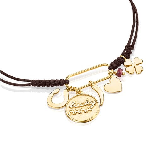 Bracelet TOUS Good Vibes Mama en Argent Vermeil, Rubis et Cordon marron