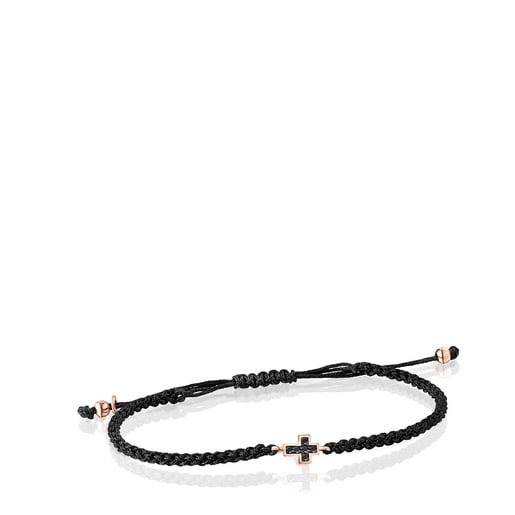 Motif cross Bracelet in Rose Silver Vermeil with Spinels and black Cord