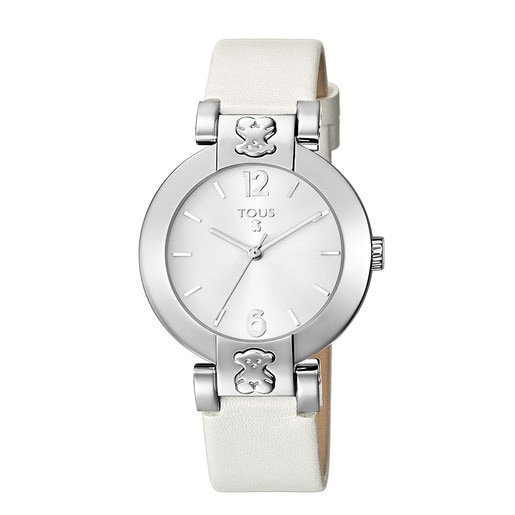 Steel Plate Round Watch with white Leather strap