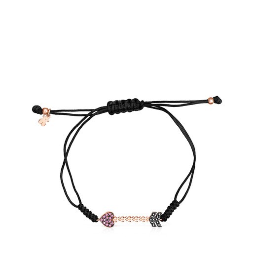 San Valentín arrow Bracelet in Rose Silver Vermeil with Gemstones and black Cord