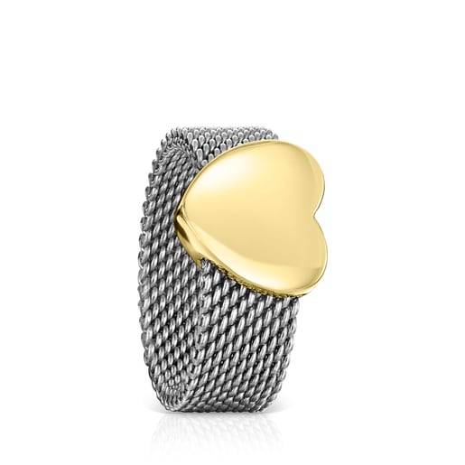 Steel and Gold Mesh heart Ring