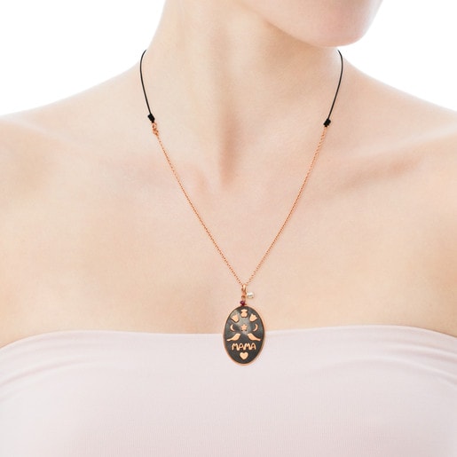 Rose Vermeil Silver Mama Power Necklace with Gemstones and black Cord