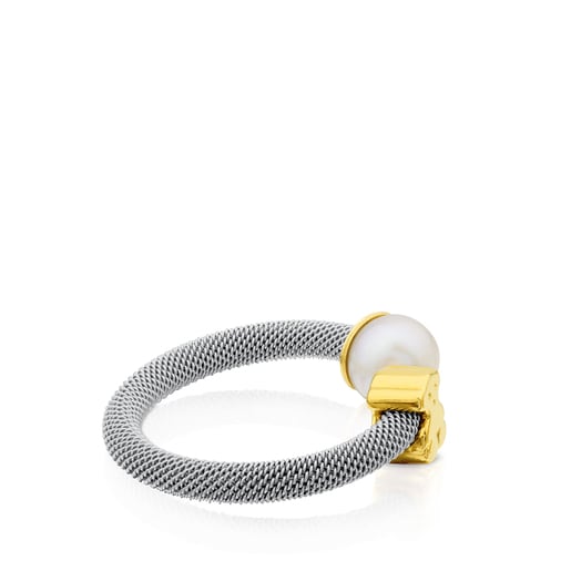Steel and Gold TOUS Icon Mesh Ring with Pearl Bear motif