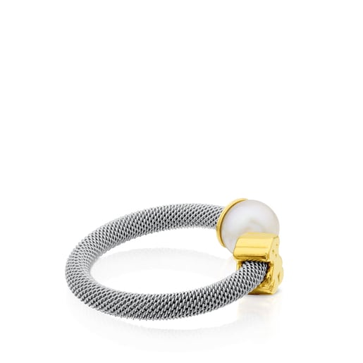 Anillo de acero y oro con perla cultivada motivo oso Icon Mesh