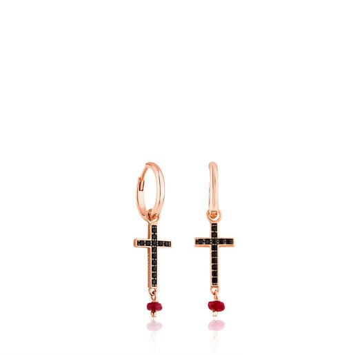 Rose Vermeil Silver TOUS Motif Earrings with Spinel and Ruby and Cross motif