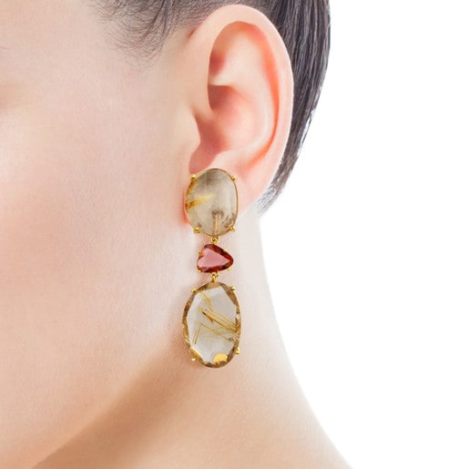 Pendientes ATELIER Precious Gemstones de oro con cuarzo rutilado y turmalinas