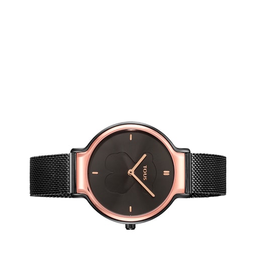 Two-tone Rose IP/Black IP Steel Real Bear Watch with Mesh strap