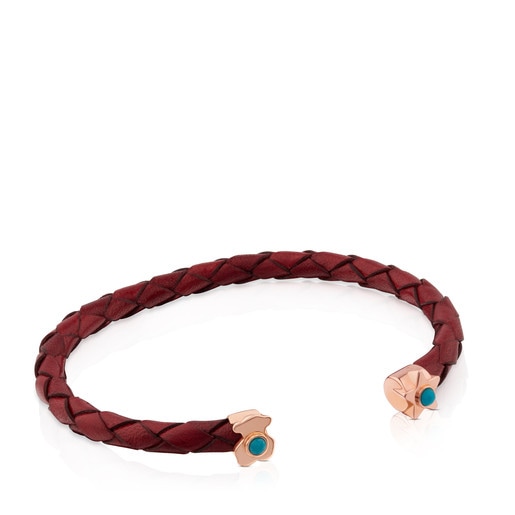 Bracelet Super Power en Cuir de couleur grenat avec Argent Vermeil rose et Turquoise