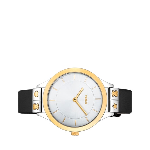 Reloj Lord de acero IP rosado con correa de piel negra | TOUS