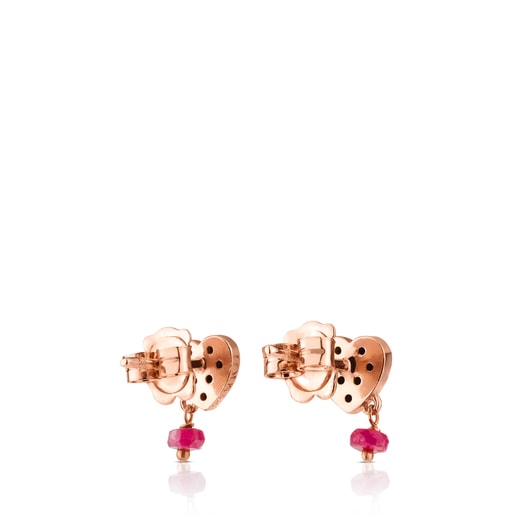 Pendientes con baño de oro rosa 18 kt sobre plata, espinelas y rubí glass filled con motivo corazón Motif