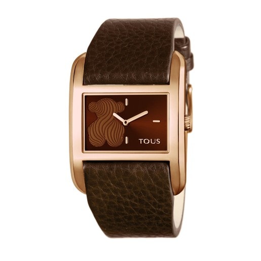 Pink IP Steel Print Watch with brown Leather strap