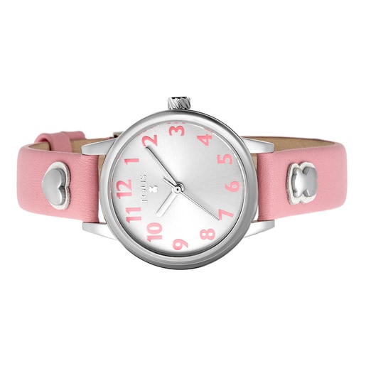Ρολόι Dreamy από ατσάλι με ροζ δερμάτινο λουράκι