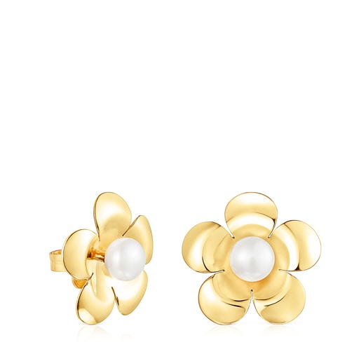 Pendientes flor con baño de oro 18 kt sobre plata y perla Fragile Nature