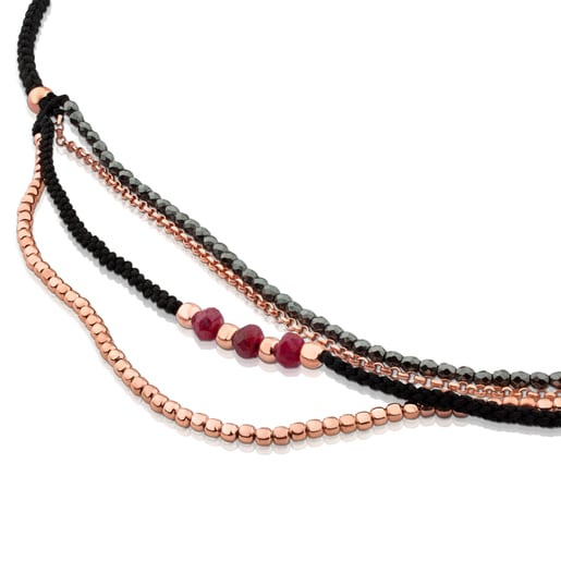 Rose Vermeil Silver Fil Necklace with Rubies and Hematite