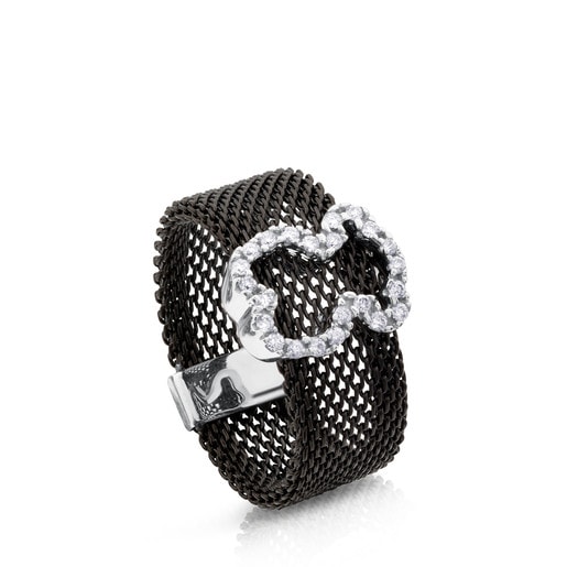 Black IP Steel and White Gold TOUS Icon Mesh Ring with Diamonds 0,14ct