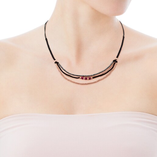 Rose Vermeil Silver Fil Necklace with Rubies and Hematite