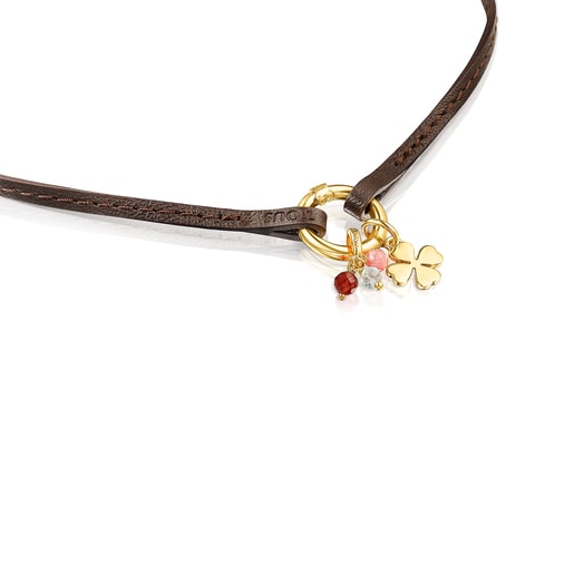 Silver Vermeil TOUS Good Vibes clover Necklace with Gemstones and brown Leather