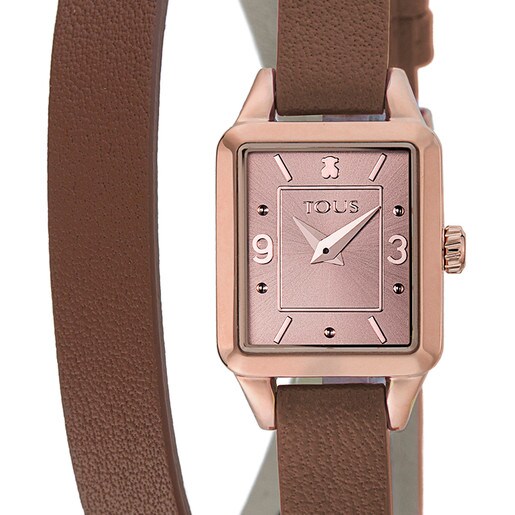 Pink IP Steel View Watch with brown Leather strap