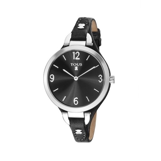 Steel Boh me Watch with black Leather strap