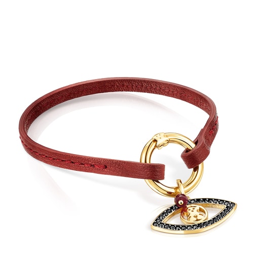 Pulsera TOUS Good Vibes ojo con baño de oro 18 kt sobre plata, gemas y cuero rojo