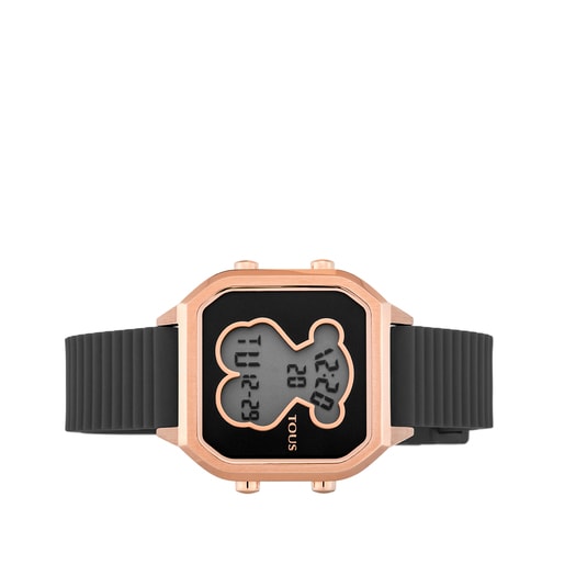 Reloj D-Bear Teen de acero IP rosado con correa de silicona negra