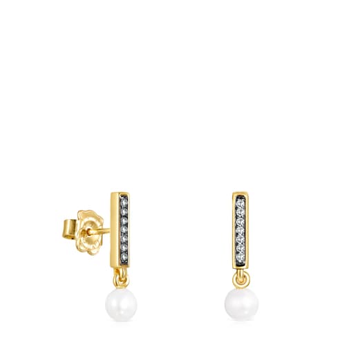 Nocturne bar Earrings in Silver Vermeil with Diamonds and Pearl