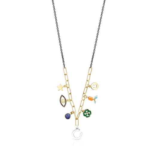 Silver Vermeil and Dark Silver TOUS Good Vibes charms Necklace with  Gemstones | TOUS