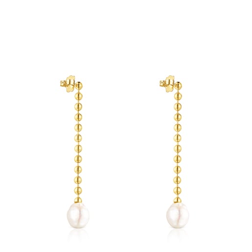 Pendientes largos con baño de oro 18 kt sobre plata y perla Gloss