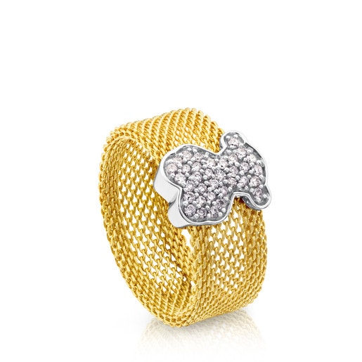 Gold Icon Mesh Ring with Diamonds medium Bear motif