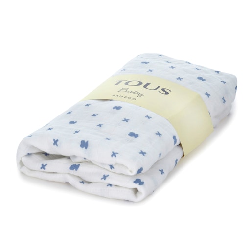 Bamboo Muslin Blanket with bears and X in Sky Blue