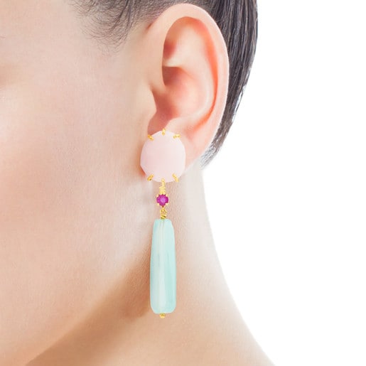 Gold Ethereal Earrings with Chalcedony, Ruby and Opal