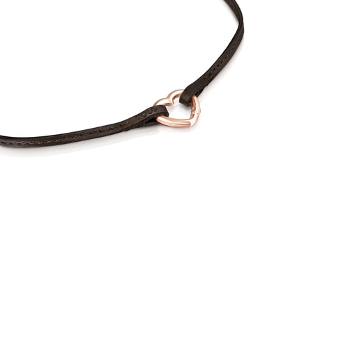 Collar Hold corazón con baño de oro rosa 18 kt sobre plata y cuero marrón