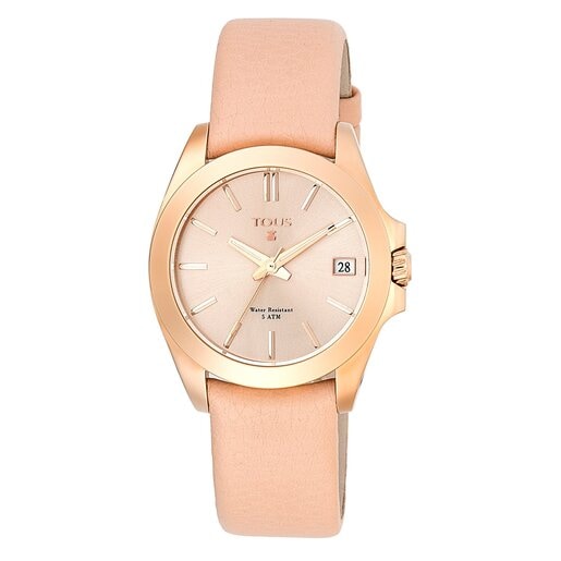 Pink IP Steel Drive 34 Watch with nude Leather strap