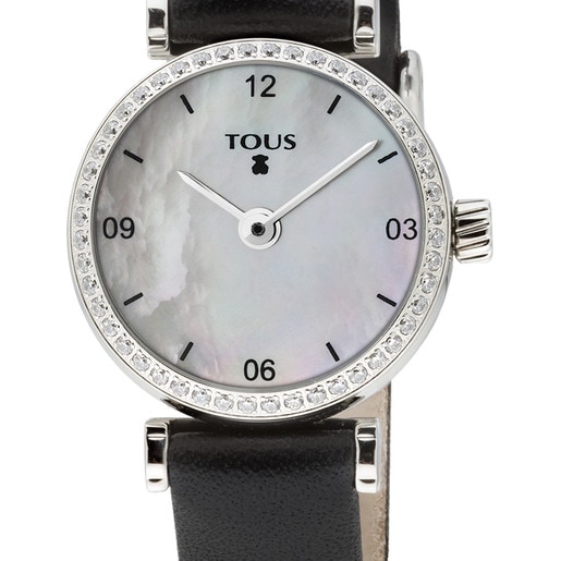 Steel Camille Watch with Diamonds, Sapphire, Mother-of-pearl and black Leather strap