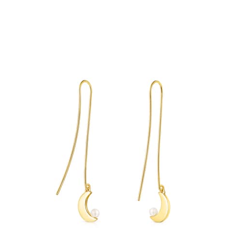 Boucles d'oreilles Nocturne longues lune en Or Vermeil, Diamants et Perle