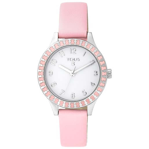 Reloj Straight Kids de acero y bisel de osos con correa de piel rosa