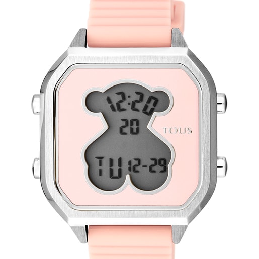 Reloj digital D Bear Teen de acero con correa de silicona rosa TOUS