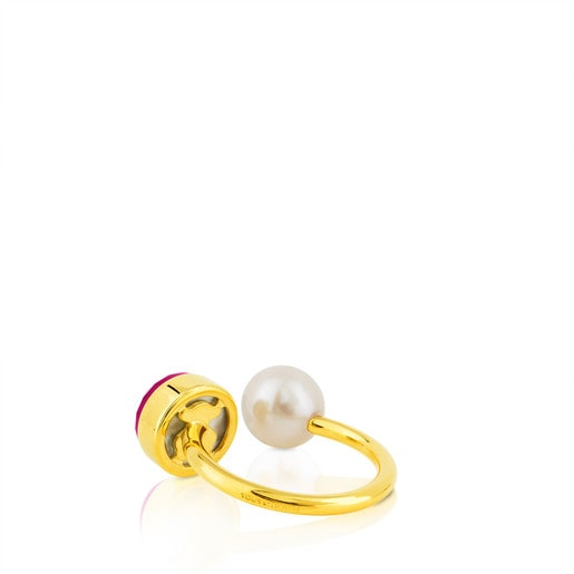 Vermeil Silver Bright Ring with Pearl, Ruby and Mother of Pearl