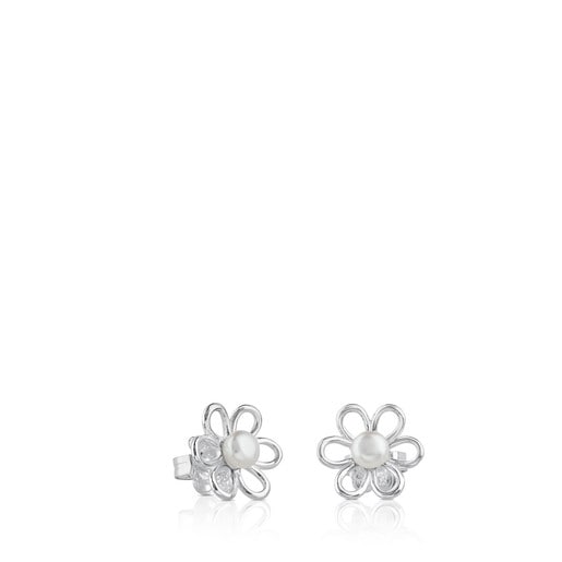 Silver and 0,55cm. Pearls TOUS Maggie Earrings with Flower motif