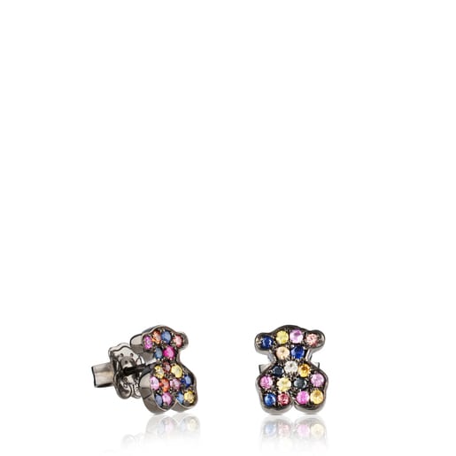 Oxidized Silver TOUS Fantasy Earrings with multicolor Sapphires and 1,05cm.  Bear motif