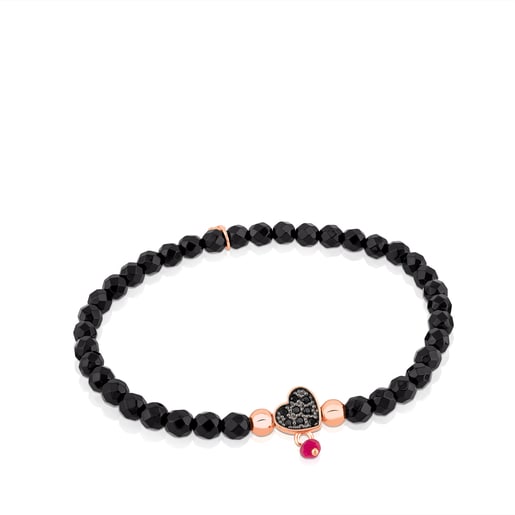 Pulsera con baño de oro rosa 18 kt sobre plata, espinelas y ónix facetado motivo corazón Motif