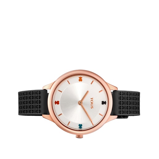Pink IP Steel Tartan Watch with Black Silicone Strap