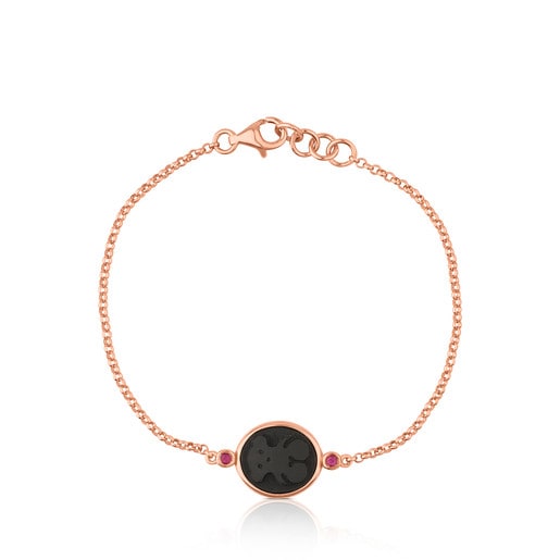 Rose Vermeil Silver Camee Bracelet with Onyx and Ruby 