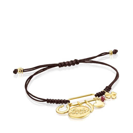 Silver Vermeil TOUS Good Vibes Mama Bracelet with Ruby and brown Cord