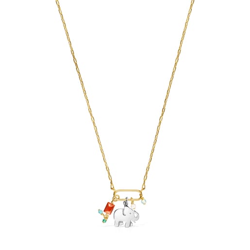 Silver Vermeil and Dark Silver Good Vibes elephant Necklace with Gemstones